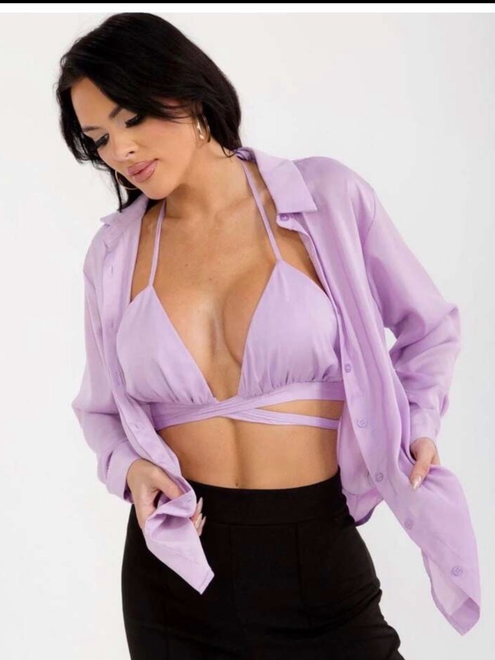 Women's Bralette & Long Sleeve Button Up Solid 2PC Top